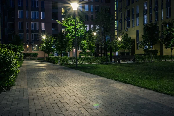 Night Park Paths Colored Houses Summer Night Night Paths Benches Стокове Фото