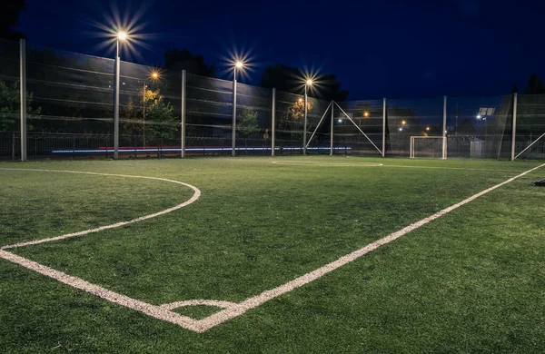 Amateur Soccer Field Illuminated Night Small Football Field Lit Lanterns Fotos de stock