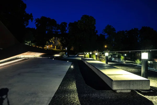 Summer night city park. Wooden benches, street lights, and green trees. The tiled road in the night park with lanterns. Illumination of a park road with lanterns at night. Lviv