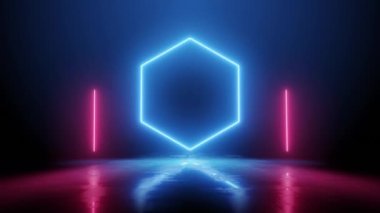 4k Red Neon Hattı ve Blue Hexagon Soyut Animasyon Arkaplanı. Dikey parlayan çizgiler, mavi ve kırmızı neon ışıklar, lazer şovu, gece kulübü, eşitleyici, soyut floresan arka plan