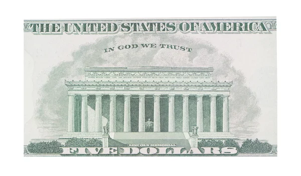 Lincoln memorial.five dolarów — Zdjęcie stockowe