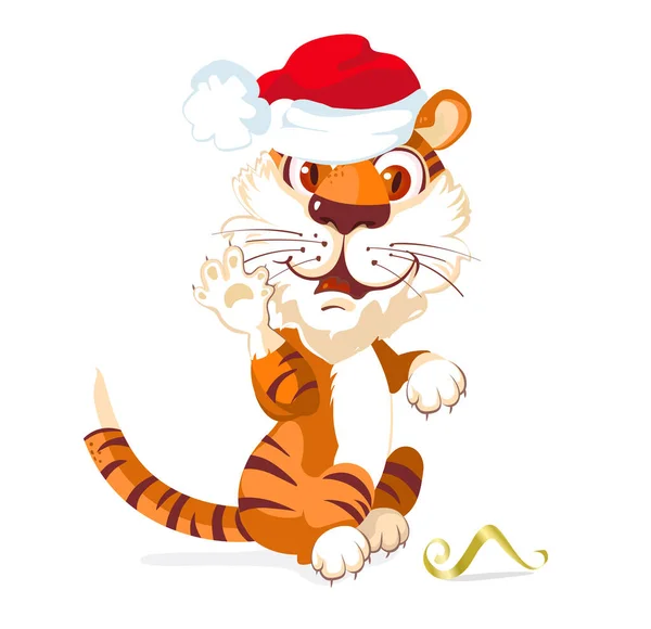 Cute Filhote Tigre Acena Pata Diz Olá Personagem Desenhos Animados — Fotografia de Stock