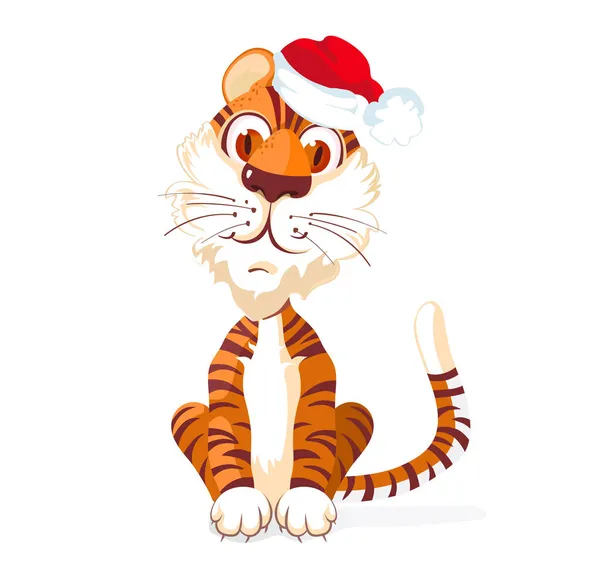 Filhote Tigre Interessado Bonito Senta Sorri Chapéu Papai Noel Personagem — Fotografia de Stock