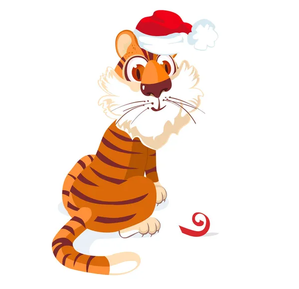Pequeno Filhote Tigre Tímido Senta Chapéu Papai Noel Personagem Desenhos — Fotografia de Stock