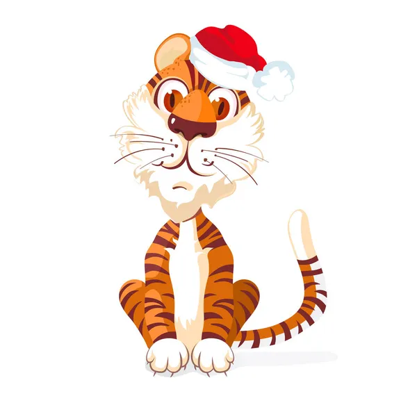 Filhote Tigre Interessado Bonito Senta Sorri Chapéu Papai Noel Personagem —  Vetores de Stock