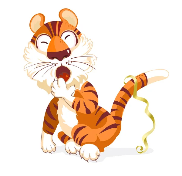 Filhote Tigre Sonolento Bonito Senta Bocejos Personagem Desenho Animado Animal — Fotografia de Stock