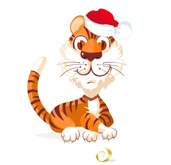 Petit Tigre Mignon Ment Sourit Dans Chapeau Père Noël Adorable — Image vectorielle