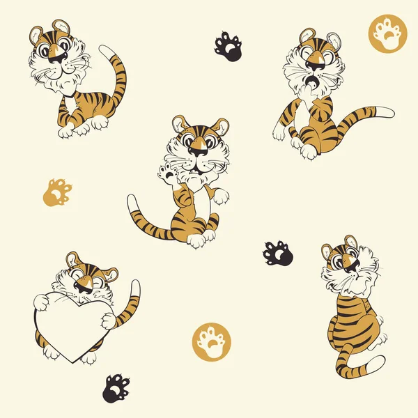 Seamless Pattern Cute Tiger Symbol New 2022 Beige Background Illustration — Stock Photo, Image