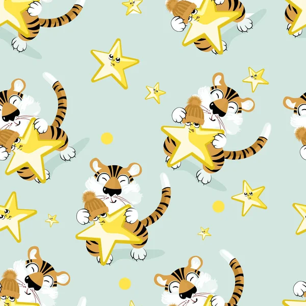Seamless Pattern Cute Tiger Cub Star Old Style Symbol New — Stock Vector