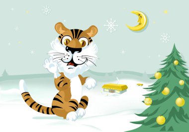 Mutlu yıllar 2022. Kış ormanının arka planında bir aylık tarzıyla çizgi film sevimli mutlu kaplan selamları. Kartpostal ve afiş için resim.