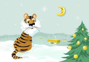 Mutlu yıllar 2022. Kış Ormanı 'nın arka planında bir aylığına sevimli, mutlu bir kaplan çizgi filmi. Eski tarz. Kartpostal ve afiş için vektör illüstrasyonu.