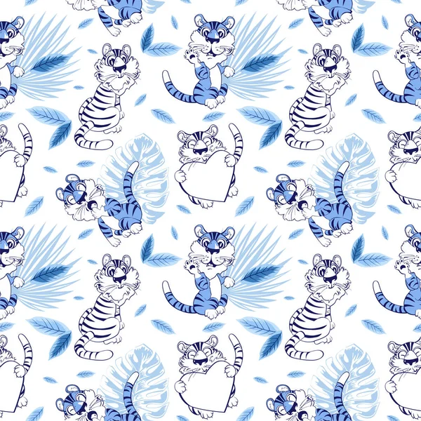 Kindlich Nahtloses Muster Mit Handgezeichneten Blauen Tigern Mit Einem Niedlichen — Stockvektor