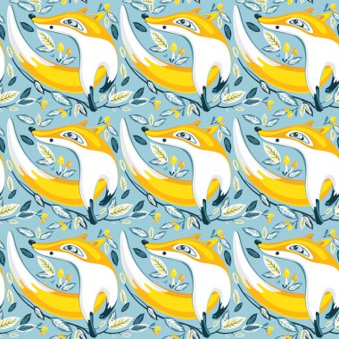 Ağaçların arka planında tilki, mantar ve yaprakları pürüzsüz desenli dallar. Çocuk kıyafetleri, kumaş, tekstil, çocuk odası dekorasyonu, ambalaj kağıdı için mükemmel.