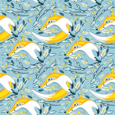 Ağaçların arka planında tilki, mantar ve yaprakları pürüzsüz desenli dallar. Çocuk kıyafetleri, kumaş, tekstil, çocuk odası dekorasyonu, ambalaj kağıdı için mükemmel.