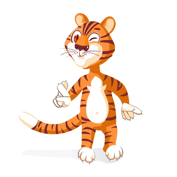 Cute Filhote Tigre Faz Boa Sorte Gesture Adorável Personagem Desenhos — Fotografia de Stock