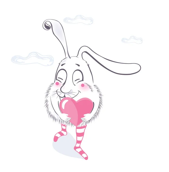 Lindo Conejo Encantador Dibujos Animados Con Corazón Grande Color Rosa — Archivo Imágenes Vectoriales