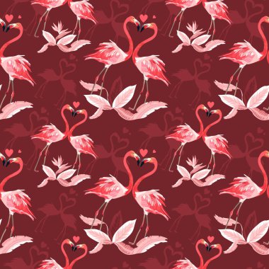 Kusursuz bir düzen, birbirine aşık iki flamingo ve kupa. Romantik Sevgililer Günü şablonu. Desen eğilim tasarımı.