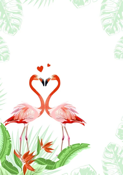 ロマンチックなバレンタインデーのテンプレート 愛と熱帯のヤシの葉 楽園の鳥の2つのフラミンゴの招待カード 結婚式の招待カード チラシ バナー — ストック写真