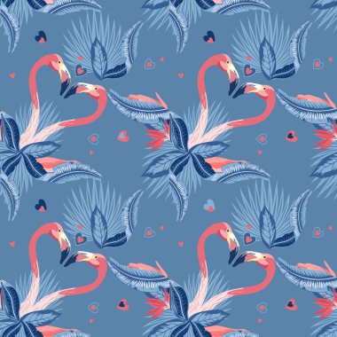 Kusursuz tropikal desenler, birbirine aşık iki flamingo ve tropik palmiye yaprakları, bitkiler, cennet kuşu. Romantik Sevgililer Günü şablonu. Desen eğilim tasarımı.