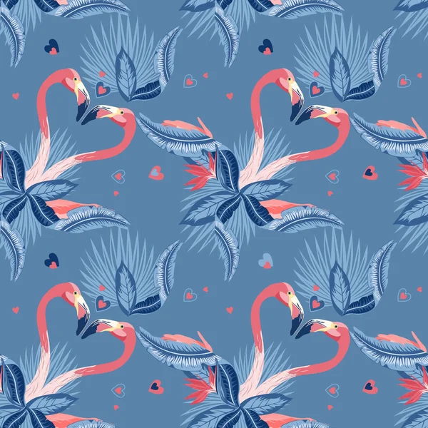 Sömlös Tropiskt Mönster Två Flamingos Kärlek Och Tropiska Palmblad Växter — Stockfoto