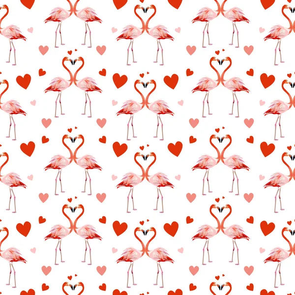 Vector Seamless Pattern Two Flamingos Love Hearts Romantic Valentine Day — Stock Vector