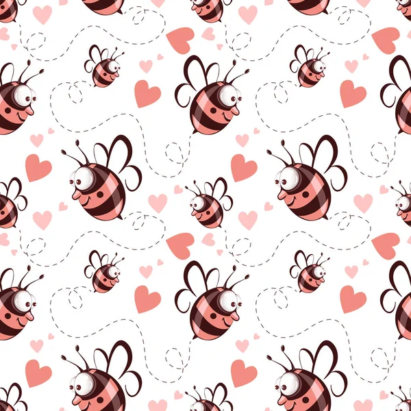 Bezproblemowy Wzór Słodka Pszczoła Miłości Sercach Romantyczny Szablon Walentynek Projektowanie — Zdjęcie stockowe
