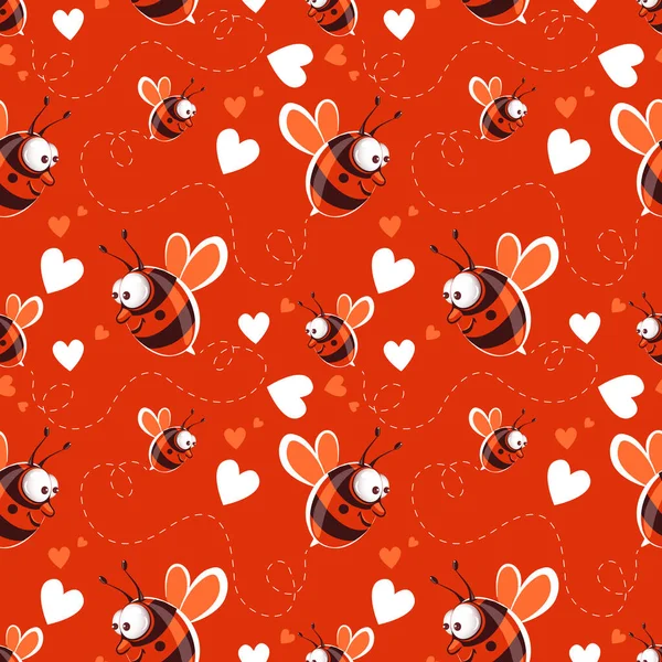 Vektor Nahtlose Muster Niedliche Biene Liebe Und Herzen Romantische Vorlage — Stockvektor