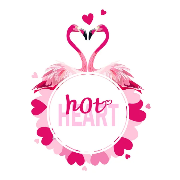 Rosafarbener Flamingo Und Aufschrift Heißes Herz Runder Herzrahmen Liebeskonzept Schöne — Stockvektor