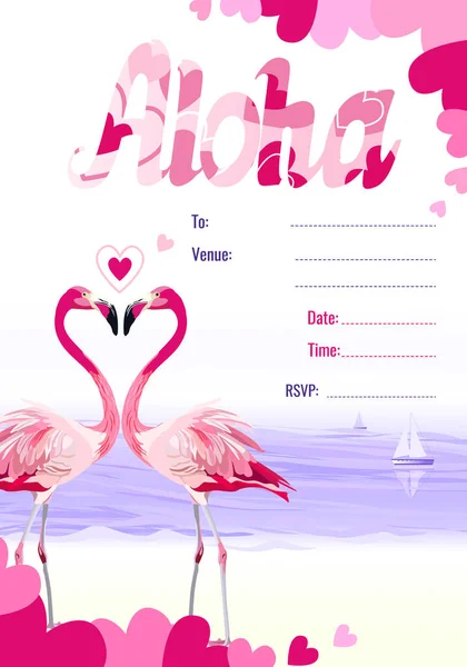 Twee Flamingo Verliefd Het Beletteren Van Aloha Harten Achtergrond Van — Stockfoto