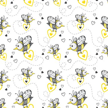 Çizgi filmlerde şirin arılar ve kalp vektörleri kusursuz desen çizerler.