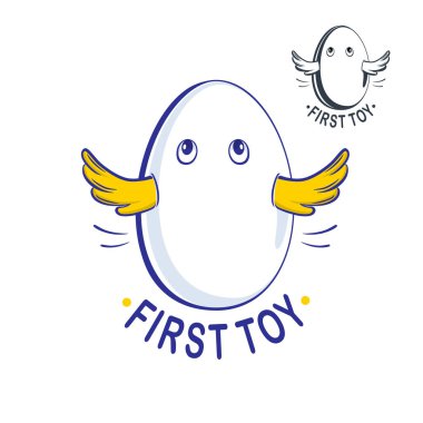Logo ilk oyuncak, etiket, yumurtadan fırlayan sevimli tavuk bebeği, ilginç bir tasarım, şirket için bir logoti. İşaret, çocuk ve çocuk mağazaları, merkez, kulüp etiketi