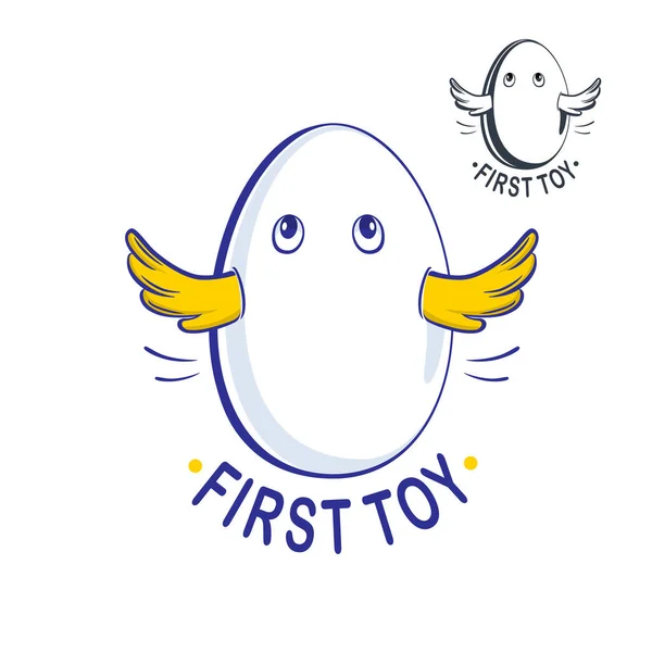 logo first toy, label, stylized Adorable chicken baby peeking out of egg, interesting design, a logotype for the company. Sign, label for children and kids shops, center, club