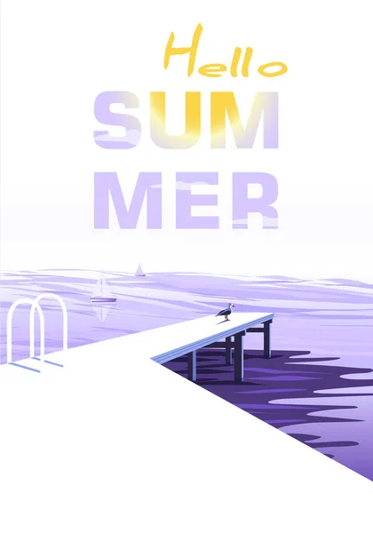 テキストとこんにちは夏の垂直方向のバナーは 空と桟橋で海に対して太陽 季節の職業 休日のロゴ 夏時間の壁紙 幸せな輝く日 手紙だ 旅行ポスター — ストック写真