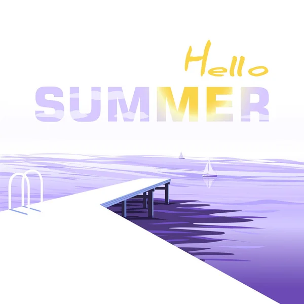 Hello Summer Banner Text Sun Sky Seascape Jetty Season Vocation — Stock Vector