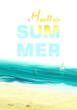 Merhaba yazlık afiş, gökyüzüne karşı güneş ve deniz manzarası. Sezonluk meslek, hafta sonu, tatil logosu. Yaz Zamanı Duvar Kağıdı. Parlak Günün kutlu olsun. Vektör Harfler. Gezici poster