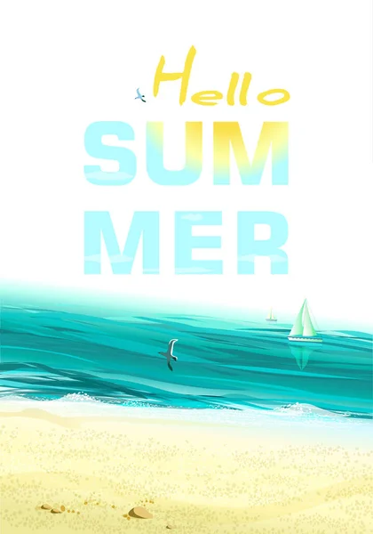 テキストとこんにちは夏のバナーは 空と海に対して太陽 季節の職業 休日のロゴ 夏時間の壁紙 幸せな輝く日 ベクトル文字 旅行ポスター — ストックベクタ