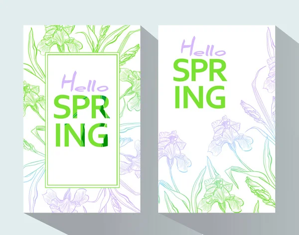 Hallo Frühling Hintergrund Mit Iris Blumen Frühjahrsplakat Plakat Flyer Banner — Stockvektor