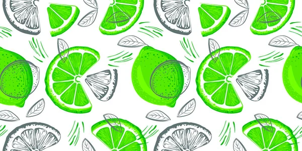Nahtloses Kalkmuster Bunte Skizze Zitronen Zitrusfrüchte Hintergrund Elemente Für Speisekarten — Stockvektor