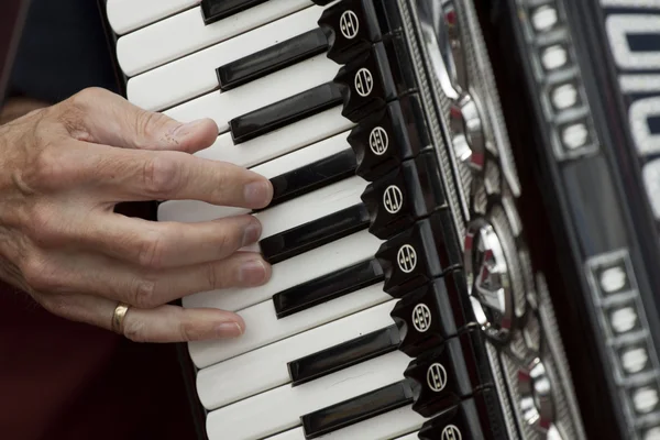 Mano de músico tocando acordeón — Foto de Stock