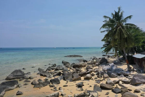 マレーシアに属する南シナ海のティオマン島に石やヤシの木と青い海を持つ熱帯ビーチ — ストック写真