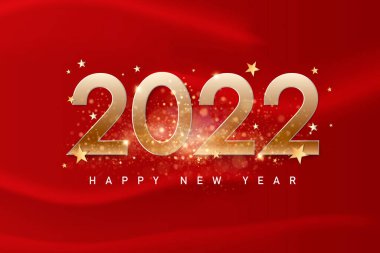 Mutlu yıllar 2022. Lüks beyaz sayılar ve altın kaplama. Tebrik kartı tasarım şablonu. Parti posteri, davetiye için afiş pırıl pırıl yıldızlar konfeti sim süslemesi. Vektör arkaplanı
