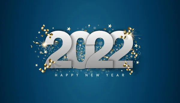 Felice anno nuovo 2022. Lussuosi numeri bianchi e spruzzi d'oro. Modello di design del biglietto di auguri. Manifesto della festa, striscione per invito oro scintillante stelle coriandoli glitter decorazione. Sfondo vettoriale — Vettoriale Stock