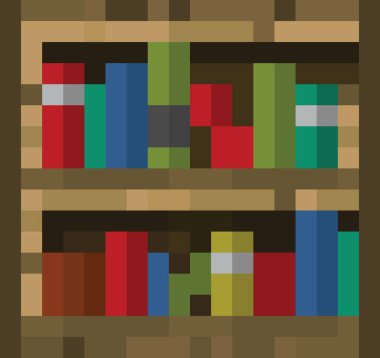 Piksel Kitap rafları. Piksel sanat tarzında kitaplarla dolu raflar. Oyun konsepti. Vektör çizimi. EPS 10
