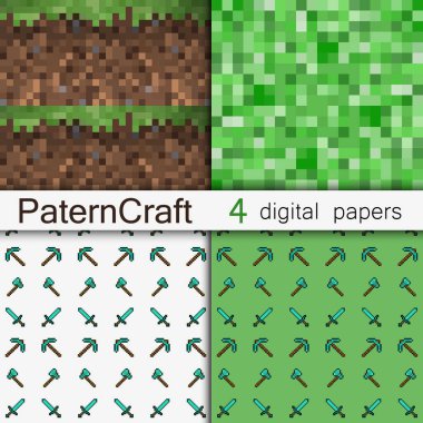 Oyun tarzında bir baba geçmişi var. Oyun tarzında 8 bit karakter ve oyun öğeleri. Vektör illüstrasyonu EPS 10.