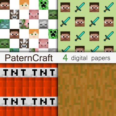 Oyun tarzında bir baba geçmişi var. Oyun tarzında 8 bit karakter ve oyun öğeleri. Vektör illüstrasyonu EPS 10.