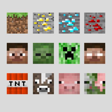 Beyaz arka planda izole edilmiş büyük renkli pikseller. Oyun tarzında 8 bit karakter ve oyun öğeleri. Vektör illüstrasyonu EPS 10.