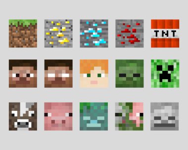 Beyaz arka planda izole edilmiş büyük renkli pikseller. Oyun tarzında 8 bit karakter ve oyun öğeleri. Vektör illüstrasyonu EPS 10.