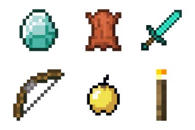 Piksel nesnelerin desenleri. Oyun silahları ve eşyaları kavramı. Piksel kazma, kılıç, elmas, ekmek, demir, altın elma. Vektör illüstrasyonu EPS 10.