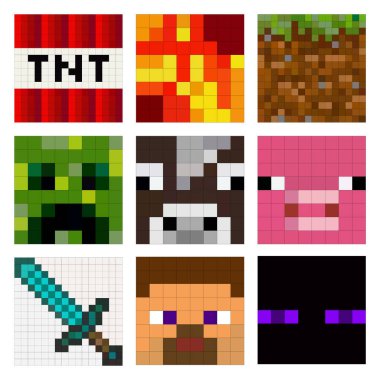 Beyaz arka planda izole edilmiş büyük renkli pikseller. Oyun tarzında 8 bit karakter ve oyun öğeleri. Vektör illüstrasyonu EPS 10.
