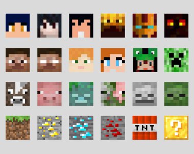 Beyaz arka planda izole edilmiş büyük renkli pikseller. Oyun tarzında 8 bit karakter ve oyun öğeleri. Vektör illüstrasyonu EPS 10.